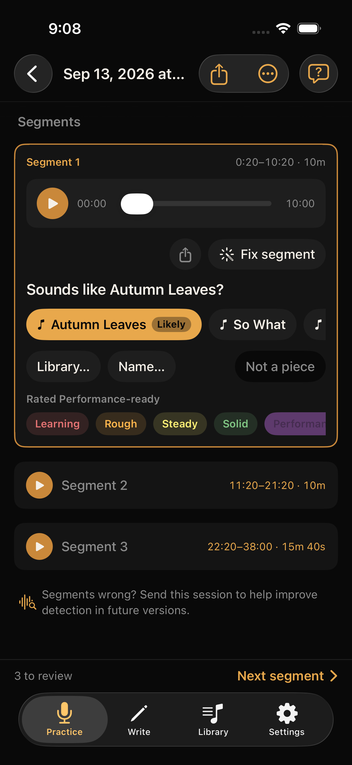 Session review — segments, match suggestions, and ratings