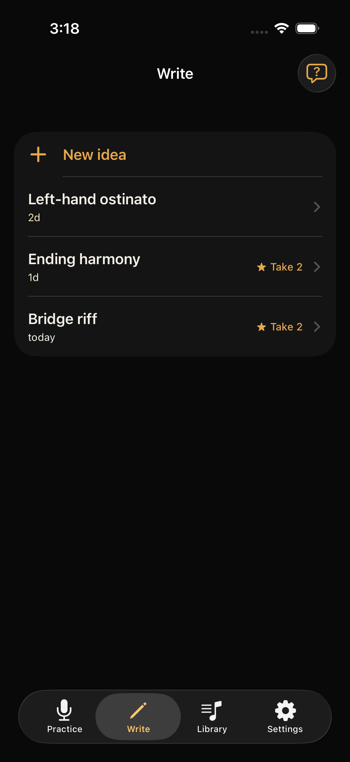 Woodshed Write tab — ideas, takes, and a best take